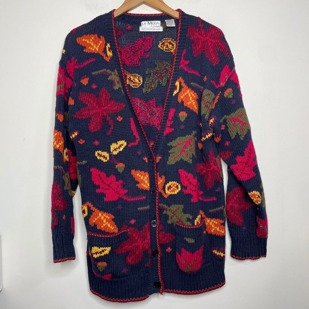 Le Moda Knitwear Hand Loomed Sweater Cardigan Leaves Fall Autumn Cottage Core - Picture 10 of 15
